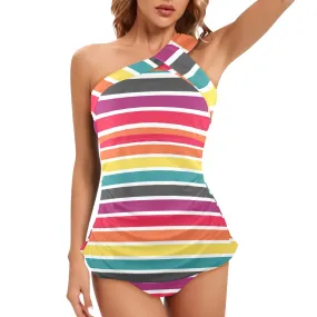 6 COLOR PALLETTE STRIPED FITTED SKIRT PRINT Women's One Shoulder Backless Swimsuit (Model S44)