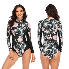 Floral Print Fitness Bathing Suits One Pieces Women Swimsuits Zipper Long Sleeve Diving Surfing Suits Wetsuits Swimwear